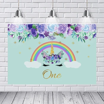 

Purple Blue Flowers Rainbow Unicorn Backdrop Mint Theme Gold Glitter 1st Birthday Party Background 7x5ft Vinyl Polyester