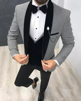 

Elegant 3 Piece Men Suit 2019 Morning Dinner Party Prom Suit Houndstooth Groom Wedding Men Suit Blazer Slim Fit Best Man Tuxedo