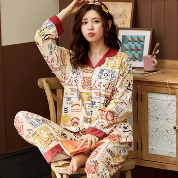 

Women Casual Pajamas Full Cotton Pyjamas Set Long Sleeve Sleepwear Pijamas Suit Female Sleep Two Piece Women Set Loungewear XXXL