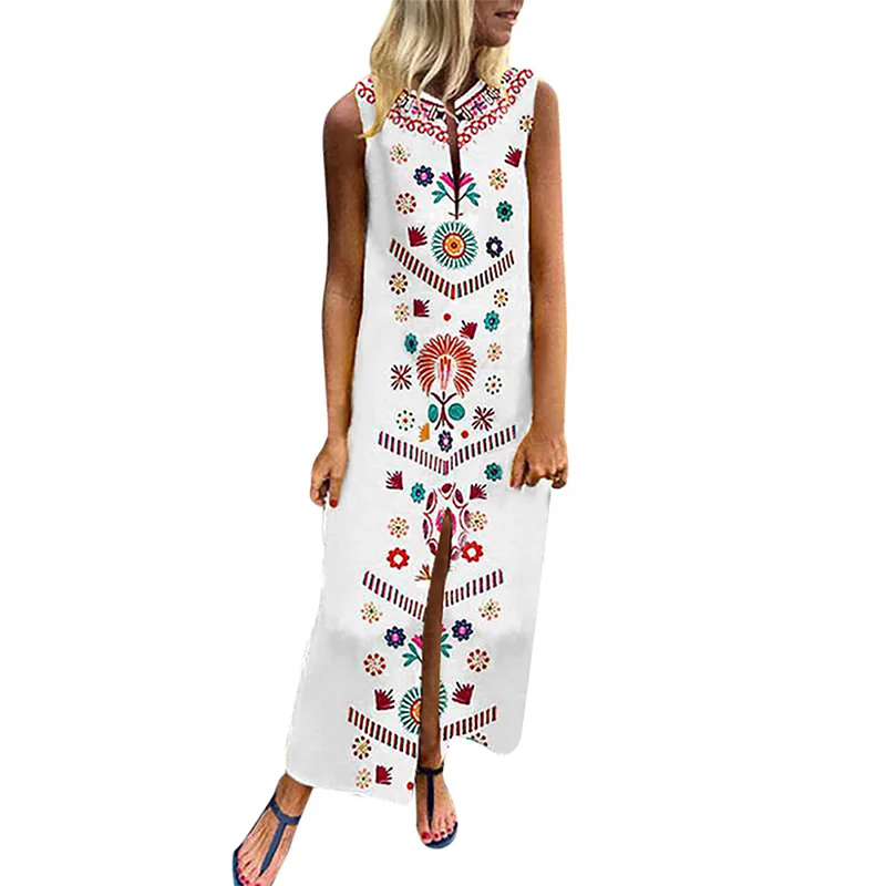 

2019 Spring Sumemr Sexy Fashion Women 's Asymmetrical Collar Bohemian Geometric Print Sleeveless Maxi Dress