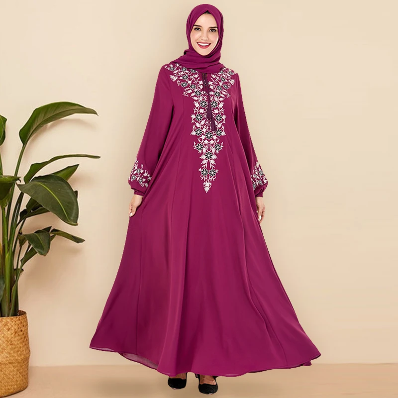 

Siskakia Plus Size Muslim Long Dress Chic Floral Embroidery Maxi Dresses Round Neck Full Sleeve Swing Arabic Wears Purple Blue