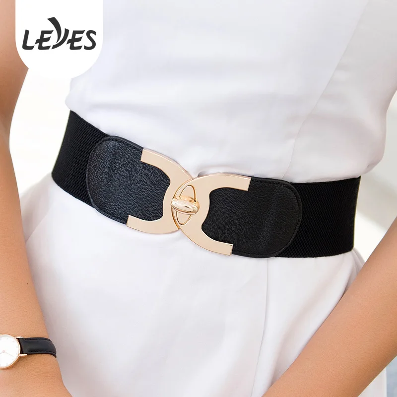 

Designer Elastic Belt for Women Dress Decorative High Quality Golden Spinning Metal Belt Buckle Stretch Wide Waist Strap Girls