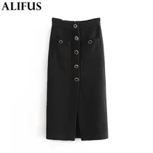 Модные женские юбки Za,, повседневные, однобортные, до середины икры, юбка, тонкая текстура, элегантные, высокая талия, карман, прямые, для женщин, для девушек