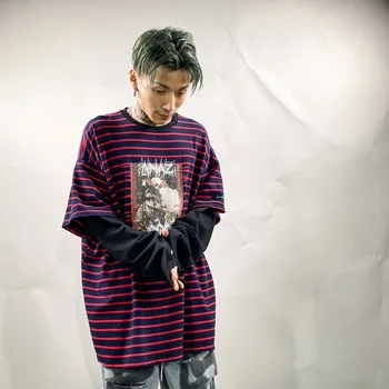 

Men Gradient Print Splice Long Sleeve Stripe T-shirt Male Women Streetwear Hip Hop Fashion Casual Loose Couple Tees Shirts