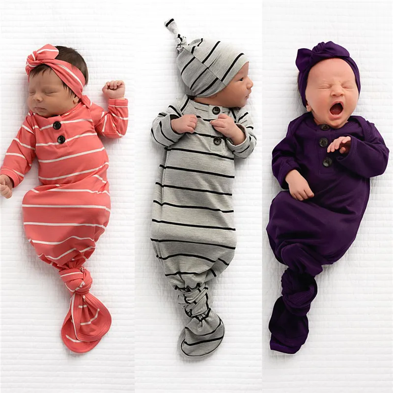 Детские постельные принадлежности для сна, сумки для новорожденных, детское одеяло в полоску, одежда для постельных принадлежностей, шапка, комплект из 2 предметов с длинными рукавами