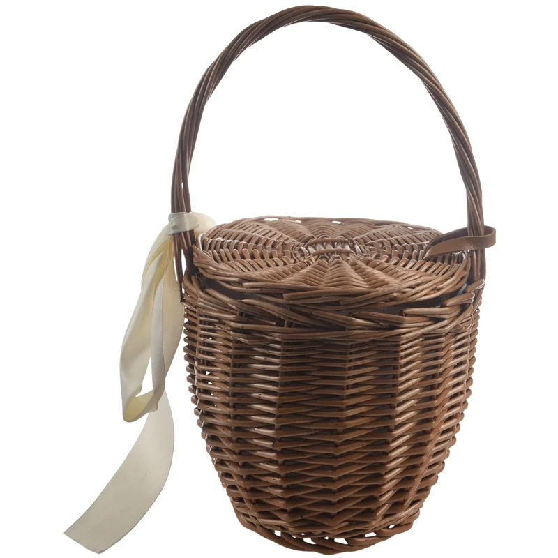 

Fashion Summer New Women Beach Basket Straw Hand Bag Cover Handbag Wicker Handmade Small Women Bohemia Tote Travel Clutch(Brown)