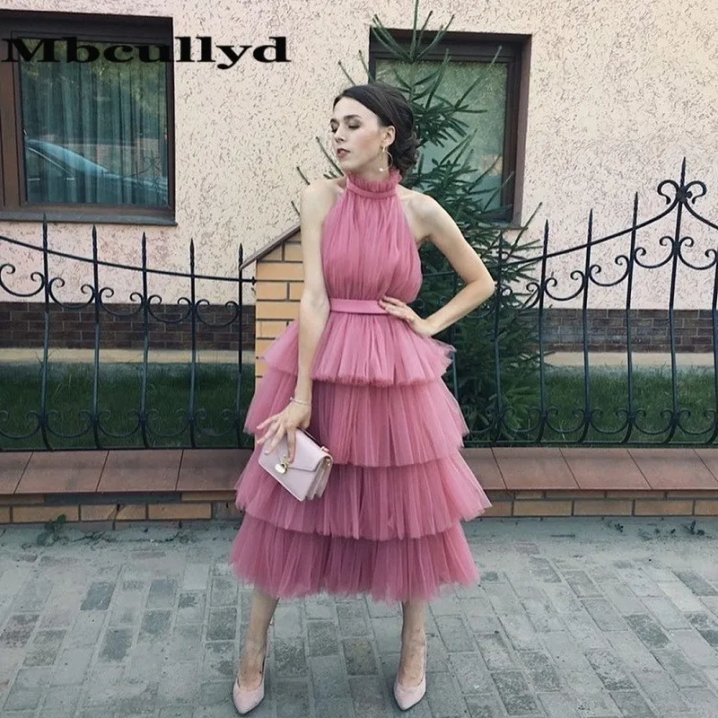 Mbcullyd Tea Length Long Evening Dress For Women 2020 Sexy Halter Neck Middle East Tulle Prom Dresses Robe De Soiree Cheap Sale | Свадьбы и