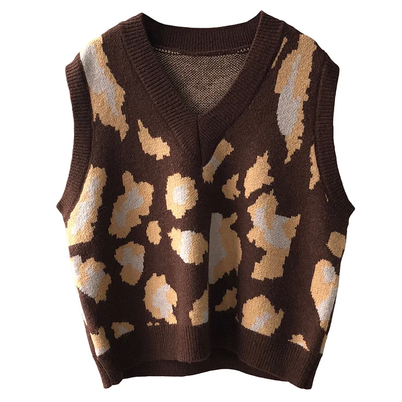 

Leopard Print V-Neck Sleeveless Vest Women 2021 Spring Autumn Outerwear Female Retro Knitted Loose Short Casual Knitwear Vest