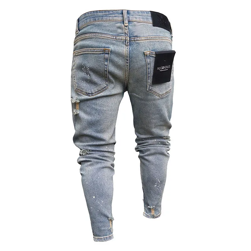 Men's Clothing Pleated Jeans Fashionable Street Style Skinny Trousers Slim Nostalgic Elastic Hollow Pants