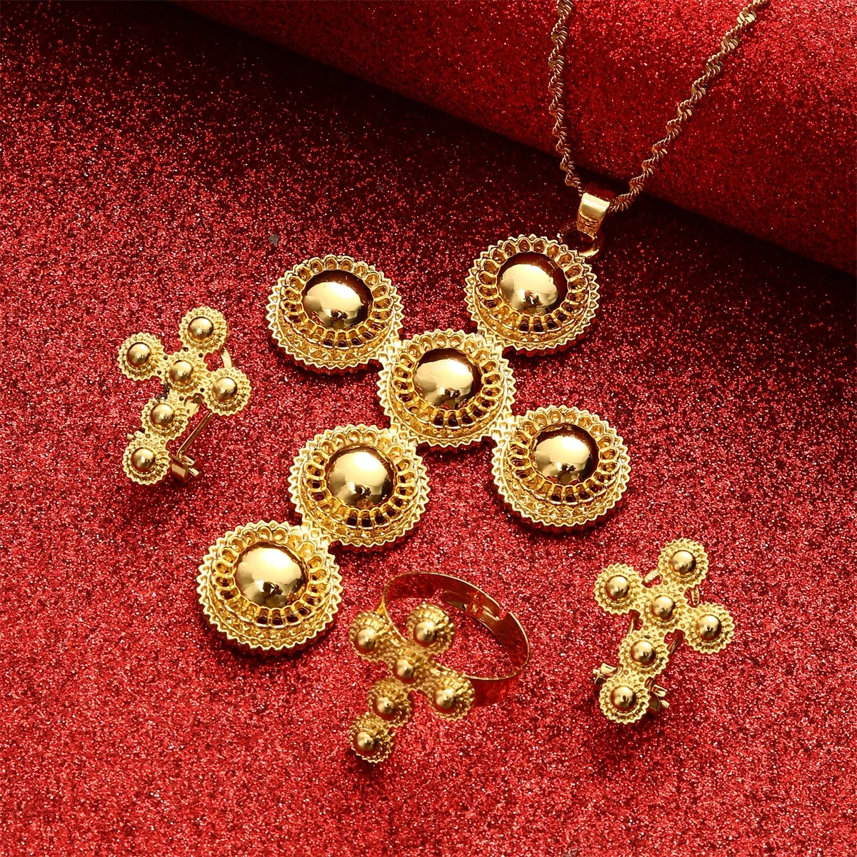 Parure De Bijoux éthiopienne ETH-JE-G - Collier, Boucles D'oreilles, Bague, Bracelet - Doré, Style Traditionnel Mariage