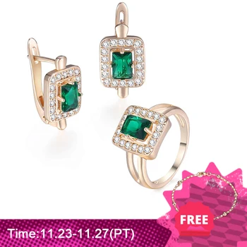 

Davieslee Square Green Stone Stud Earring Ring For Women 585 Rose Gold Filled Paved Clear Cubic Zirconia CZ Jewelry Sets DGE141