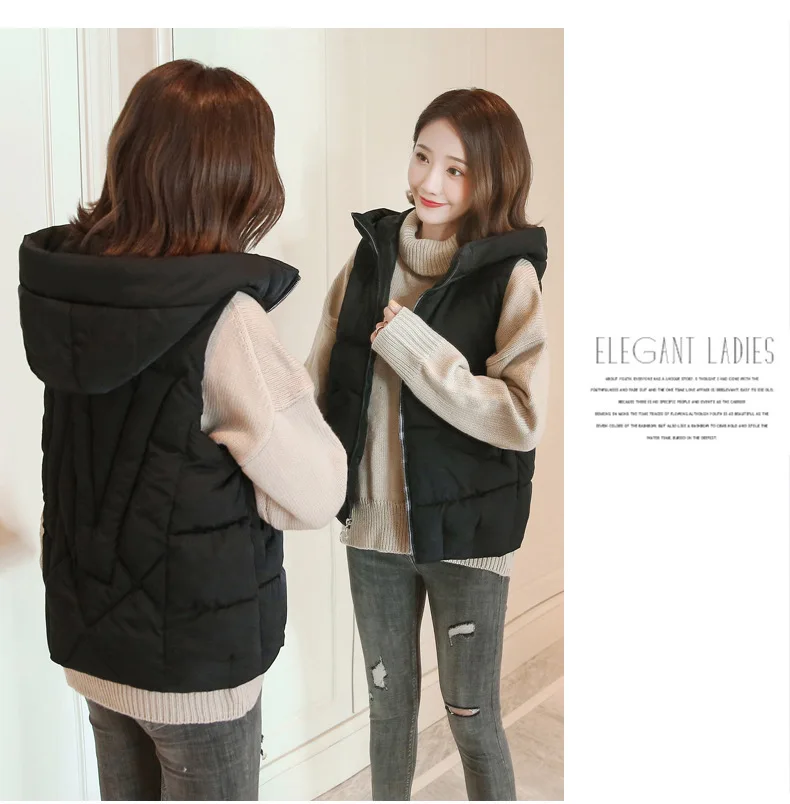 Lugentolo Women's Vest Vest Short Cotton Clothing Autumn and Winter Loose Solid Color Zipper Hooded Vest Cotton Clothing