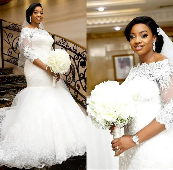 

3/4 Long Sleeves Mermaid Wedding Dresses Bateau Lace Appliques Arabic Trumpet Arabic African Bridal Gowns Vestidos De Noiva