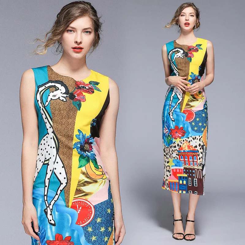 

Photo Shoot 2019 Summer New Products Europe And America Women's Dress Slit Vest Dress Waist Hugging Floral Printed Dress