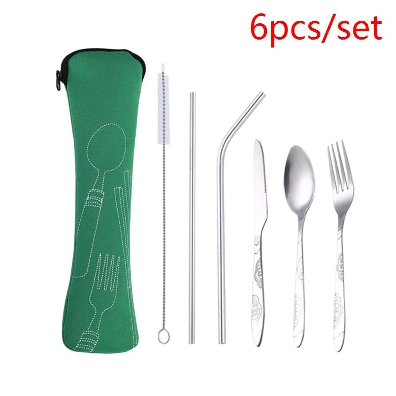 green 6pcs 3 шт./компл. Портативный Нержавеющая сталь набор столовых приборов цветок картина вилка ужин набор посуды домашней утвари посуды сумка - Цвет: green 6pcs
