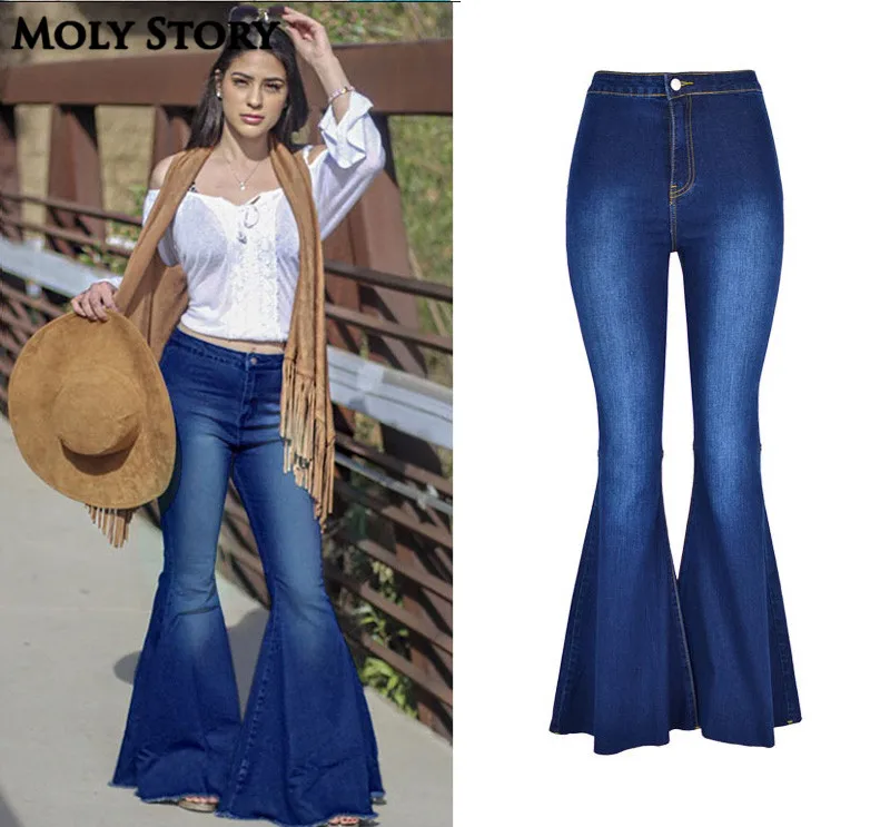 

New Vintage Super Flare Jeans Dark Blue High Waist Jeans Femme Plus Size 5XL Hippie Wide Leg Denim Pants Women