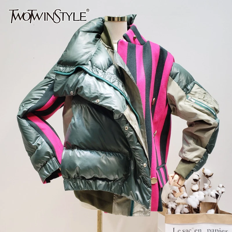 TWOTWINSTYLE 2019 новое зимнее теплое пальто Топы женские Лоскутные полосатые хлопковые