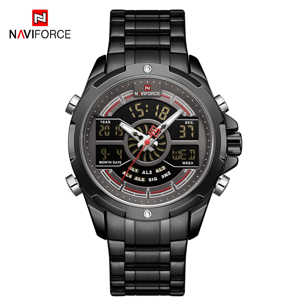 NAVIFORCE аналого-цифровые часы мужские роскошные из нержавеющей стали спортивные мужские военные модные наручные часы золотые кварцевые наручные часы - Цвет: Black