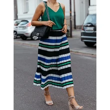 Женская летняя свободная разноцветная плиссированная юбка в полоску, Женская Повседневная Элегантная универсальная юбка с эластичным поясом в Корейском стиле SJ5373Y
