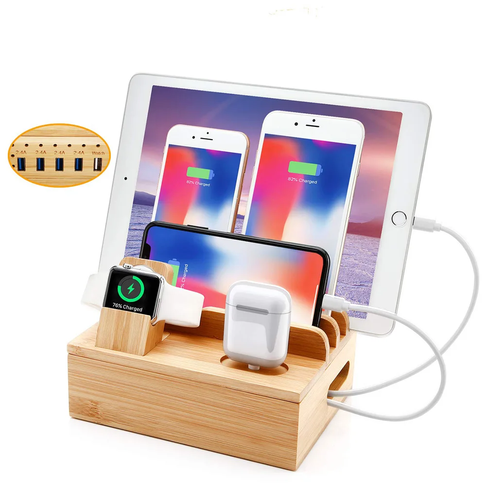 Cell Phone Charging Stations, All in One Organizer with Power Charger, Desktop Docking Stand for Phones and Tablets, Bamboo Charge Station