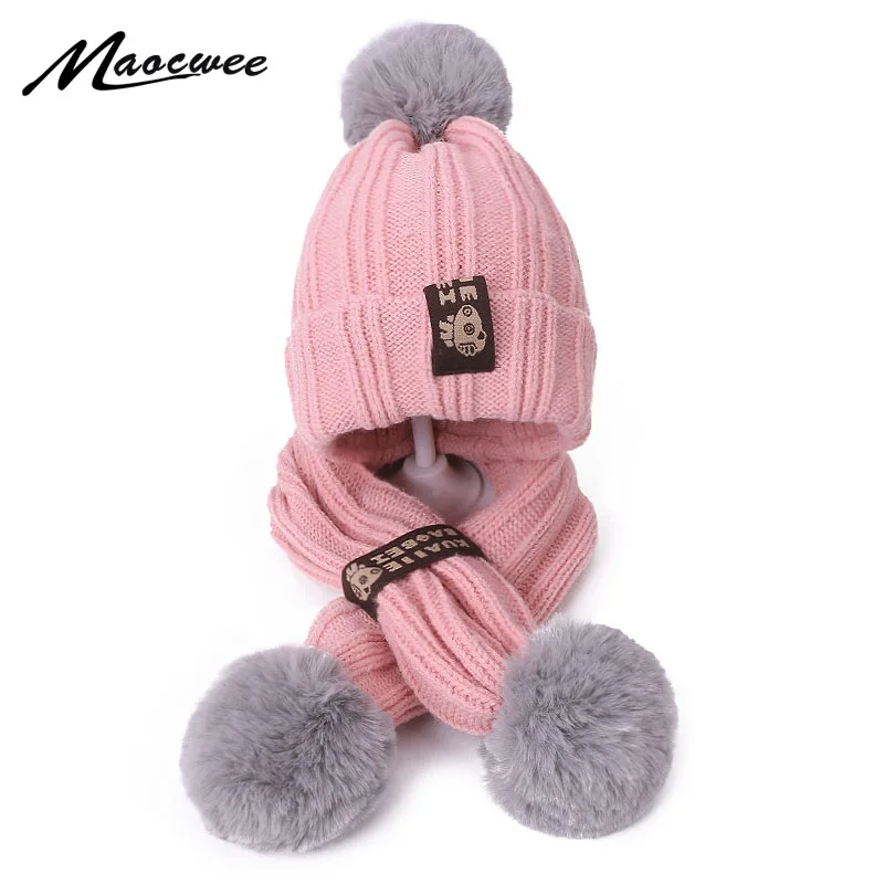 

Autumn Winter Baby Pompon Hat Scarf Set Children's Warm Wool Hat Neck Wrap Boys And Girls Lovely Knitting Wool Hats And Scarves