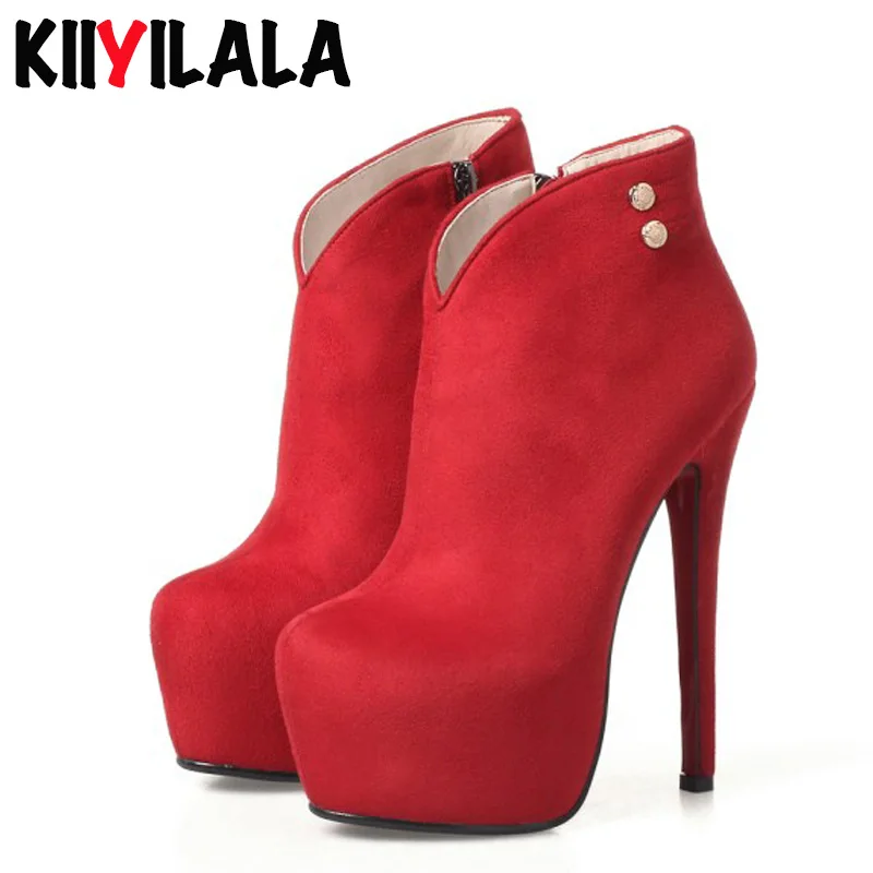 Red Kiiyilala/сапоги на высоком каблуке-шпильке 16 см, на молнии, на платформе женская обувь теплые короткие плюшевые женские ботинки с жемчугом, большие размеры, женские ботинки - Цвет: Red