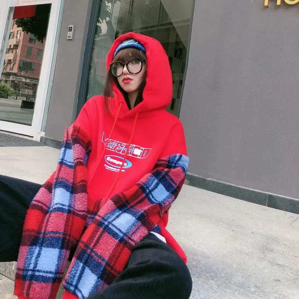 Couple's bodyguard fashion BF Street hip hop Plaid grain Plush long sleeve Hoodie cover with plush Sweatshirt hoodies