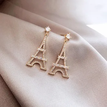 

S925 Tremella, a Kind of SEMI-TRANSPARENT White Fungus Needle Full of Crystals Paris Eiffel Iron Tower Earrings Women's South Ko
