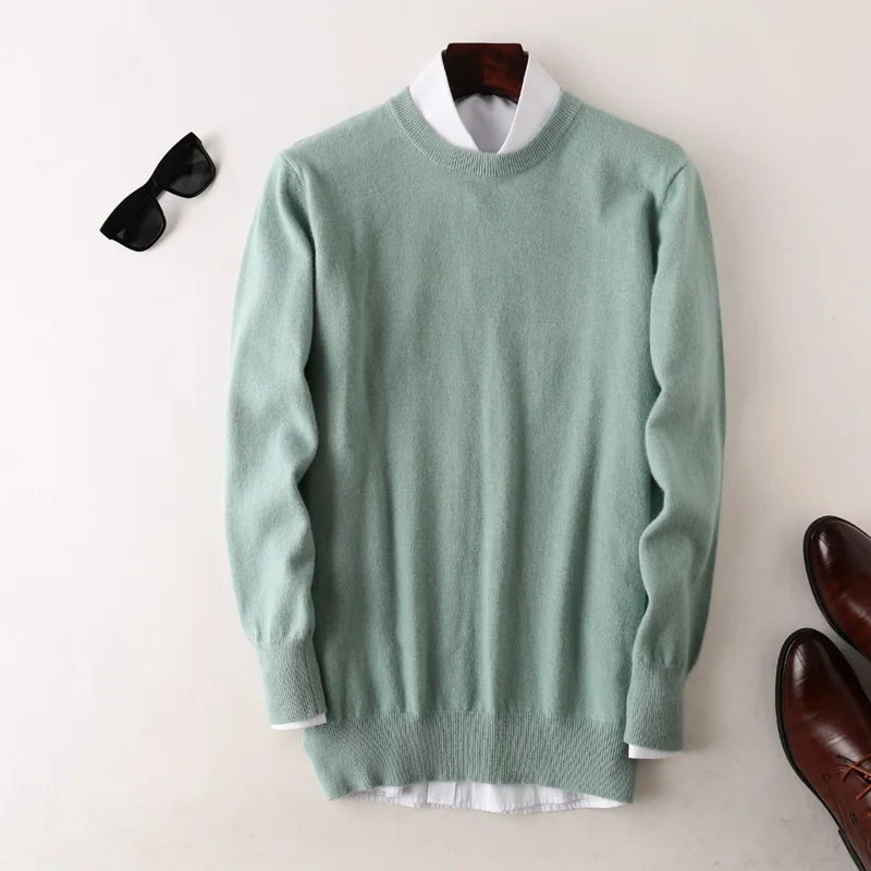 Autumn Winter New 100%Pure Wool Sweater Men's O-Neck Warm Plus Size Pullover Pure Color Loose Cashmere Knit Casual Base Shirt 3