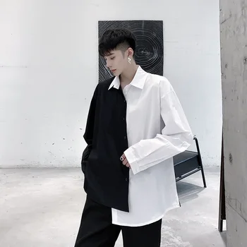

Autumn dark men's loose long sleeve shirt individual black and white contrast splicing shirt hairdresser youth top