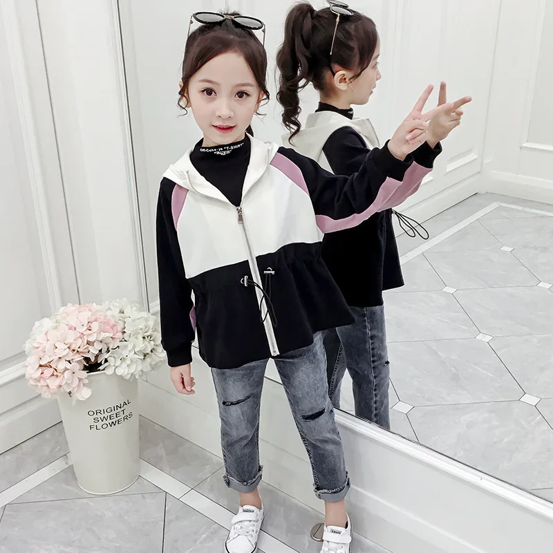 

Casual 2019 Hooded Patchwork Jackets For Baby Big Girls Cotton Long Sleeve Zipper Sport Coats Clothing Children Outerwear Tops