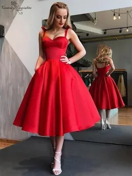 

Red Short Prom Dresses with Pockets Tea-Length Straps Open Back 2020 Satin Homecoming Dress Party Gowns Vestidos De Festa Cheap