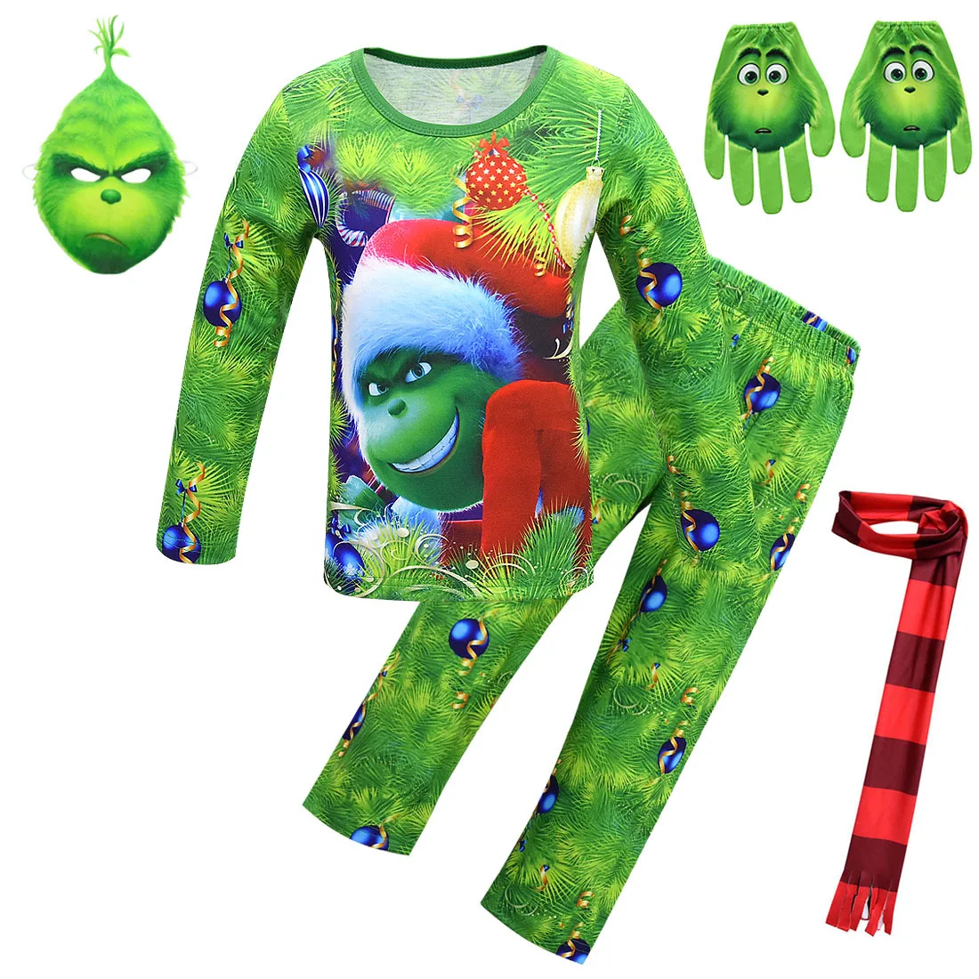 Рождественский пижамный комплект для мальчиков Grinch, НОВАЯ РОЖДЕСТВЕНСКАЯ одежда для сна, лидер продаж, одежда для сна, домашний костюм косплей+ маска+ шарф+ перчатки, пижамный комплект