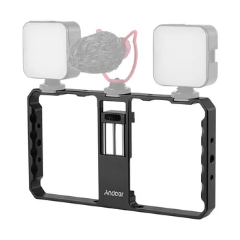 

Andoer Smartphone Video Rig Cage Vlog Grip with Phone Clamp Triple Cold Shoe 1/4 3/8 Thread for Vlog for iPhone Samsung xiaomi