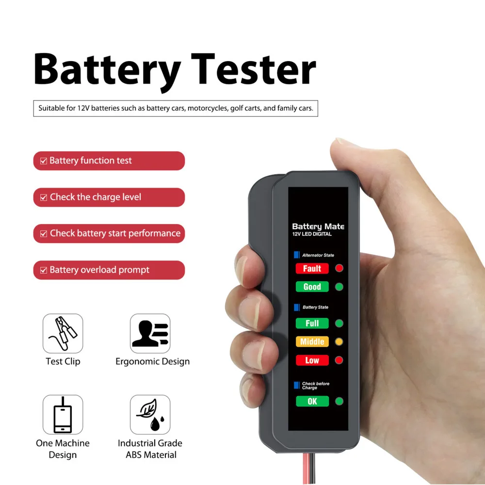 

12V 0.5A-2A Car Battery Tester Tool Motorcycle Vehicle Auto Alternator Tester Diagnostic Testing Tools 6 LED Display Multimeter