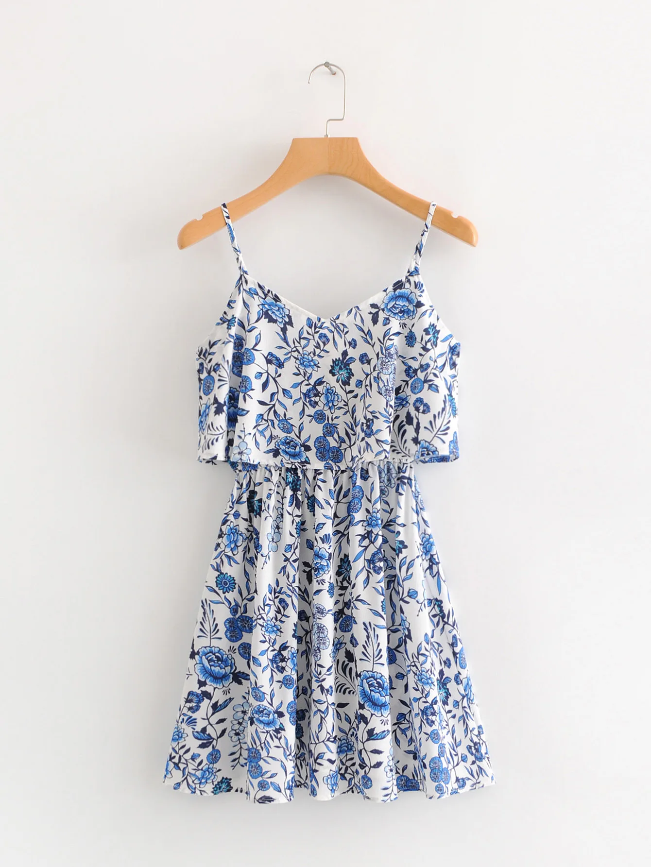 

2018 Spring And Summer Europe And America Women's Dress Blue Pattern Printed Camisole Short Skirt Dress 1632