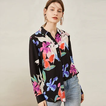

100% High Quality Silk Blouse Women Shirt Printed Shirt Women Blouses Design Long Sleeves Office Work Top Graceful New Fashion