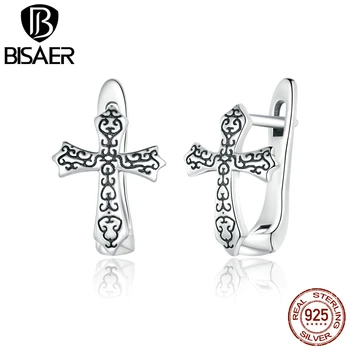 

BISAER Fashion 925 Sterling Silver Clear CZ Vine Cross Earrings Round Stud Earrings for Women Fashion Earrings 2020 ECE943