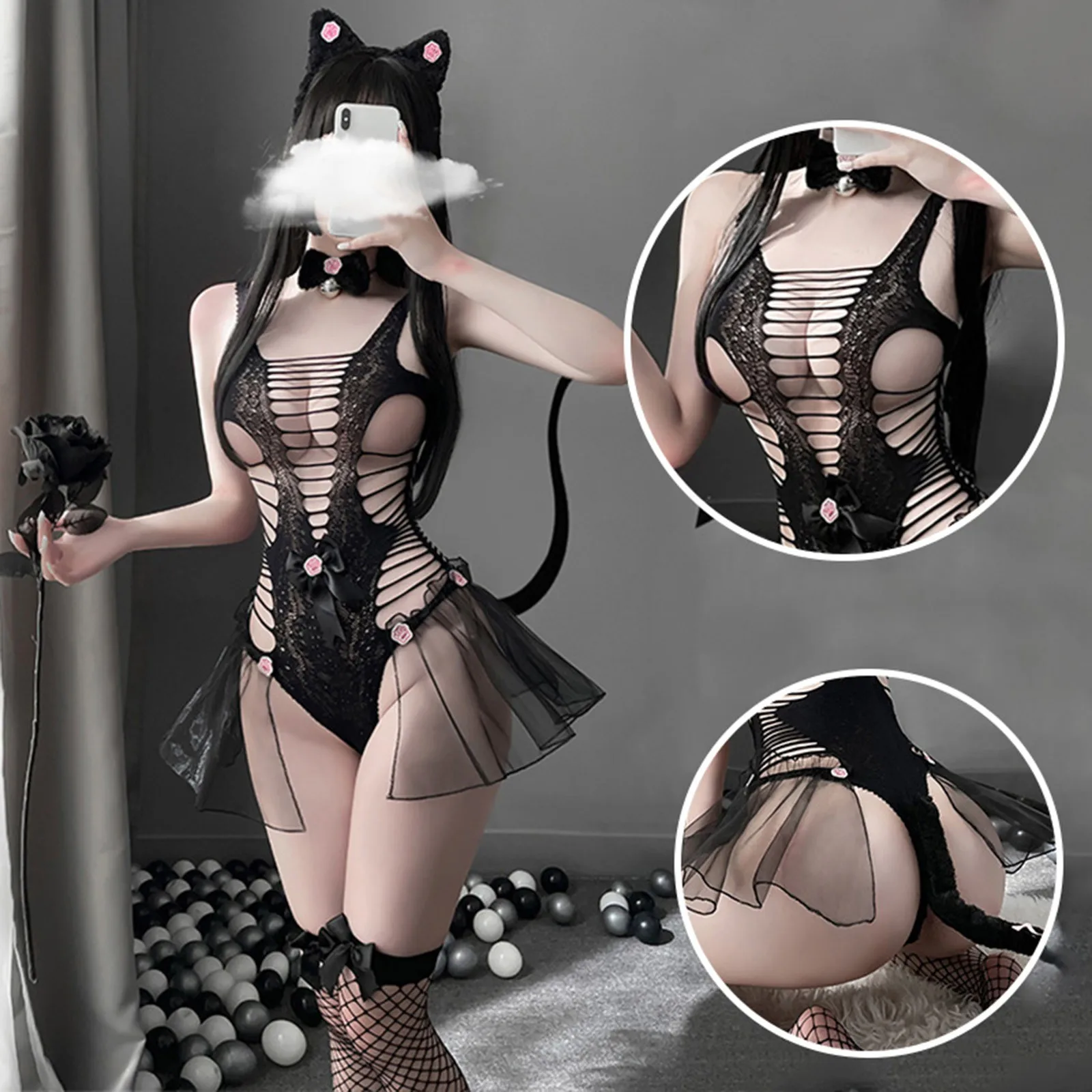 Sexy Cat Uniform Erotic Outfit for Woman Wrapped Chest Mesh Bow Girl Sexy Love Cosplay Costumes Lace Up Cat Cow Nightclub #F