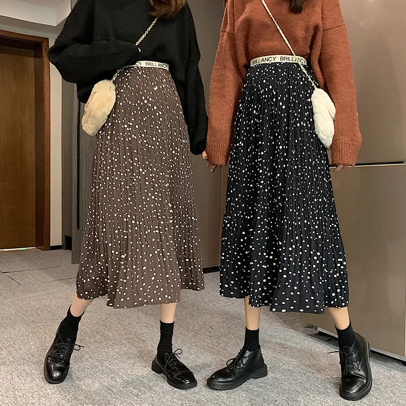 

Photo Shoot 2019 Autumn And Winter New Style Polka Dot Pleated High-waisted Slimming A- line Skirt Mid-length Skirt
