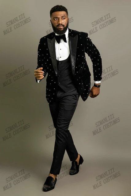 2022 Crystal Beading Black Velvet Men Suits Costume Homme Groom