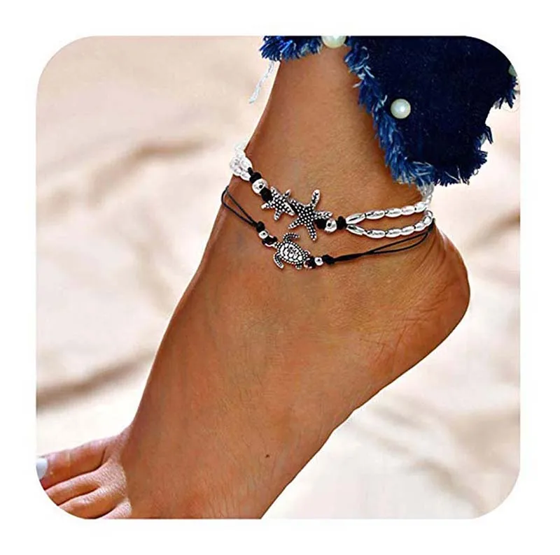 Летние пляжные браслеты на ногу богемные оболочки Синий Кристалл ножные браслеты/браслеты женские модные браслеты для ног - Metal Color: N