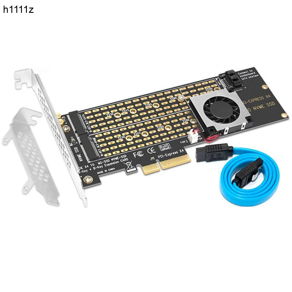 Адаптер H1111Z M.2 NVMe SSD на PCIe Card Key M + B с вентилятором кабелем SATA адаптером PCIE M2