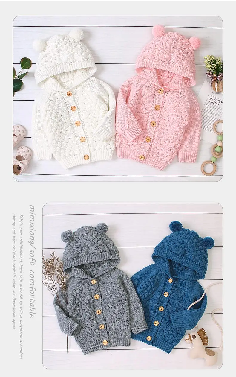 Детский свитер для малышей весна-осень, кардиган для девочек, вязаное пальто для мальчиков, Детская куртка с капюшоном и милыми ушками, зимняя верхняя одежда для малышей, топы
