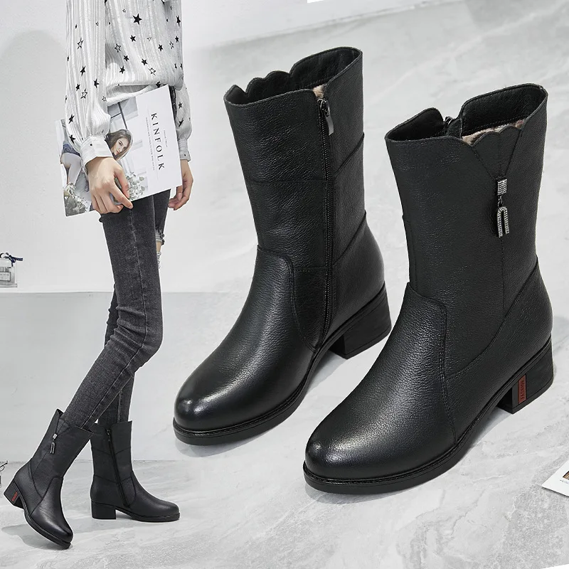 

Cowhide Boots Children 2019 New Style plus Velvet Short Boots Women's Chunky-Heel WOMEN'S Genuine Leather Boots Thick Bottomed S