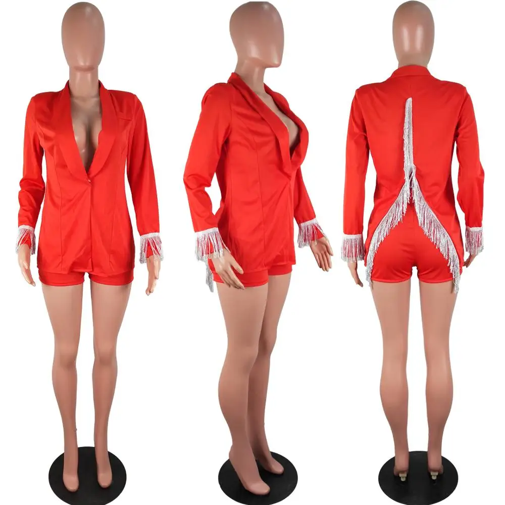 Adogirl Back Slit Tassel Two Piece Set Turn Down Collar Long Sleeve Blazer Coat Top+ Shorts Women Business Suit Sexy Outfits