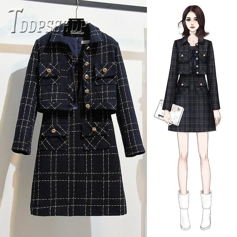 

Small Fragrance Grid Women Sets Autumn Dress And Coat Two Pieces Female Sets