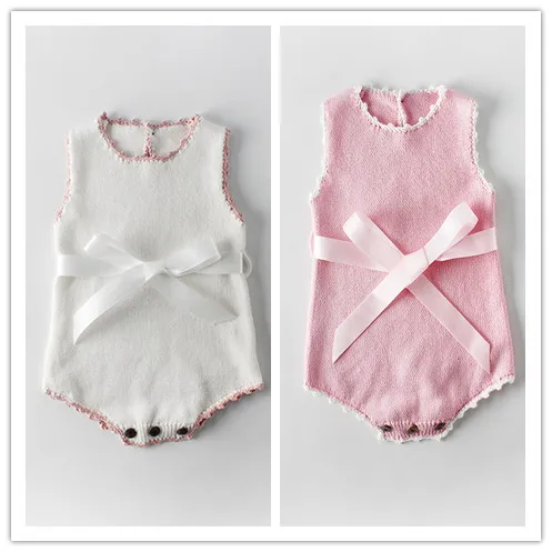 

Baby Girls Newborn Bow Knitted Sweater Rompers Princess Pink White Color Spring Ins Hot Sweet Infant Clothing