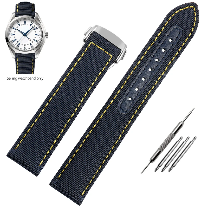 thumbnail image 1 of Correa de reloj de lona tejida de 19 mm y 20 mm para Omega Seamaster 300 AT150, correa de reloj de tela, cuero, nailon, AQUA TERRA 150, azul y negra, 1 of 5
