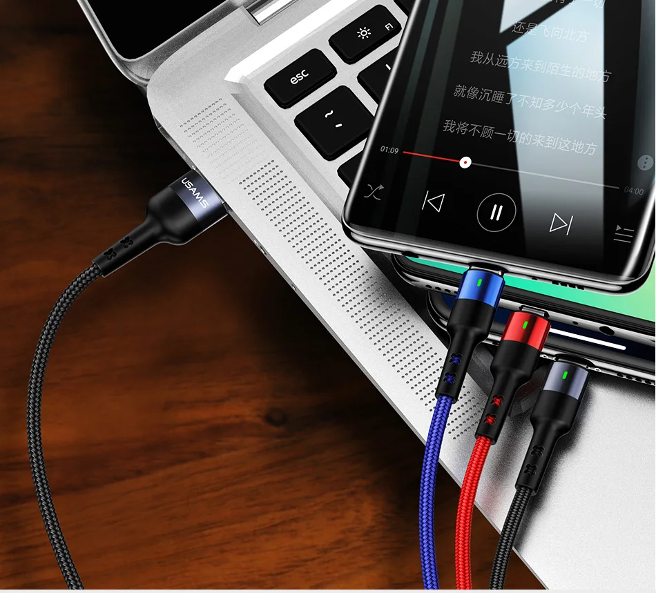 USAMS 1,2 м 3 в 1 телефон USB кабель type C Micro USB для iPhone X 8 7 6 iPad 3A Зарядка samsung Micro usb C для iPhone кабель